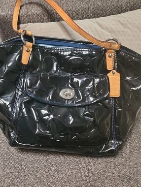 Coach Black Patent Shoulder Bag with Tan Leather Handles